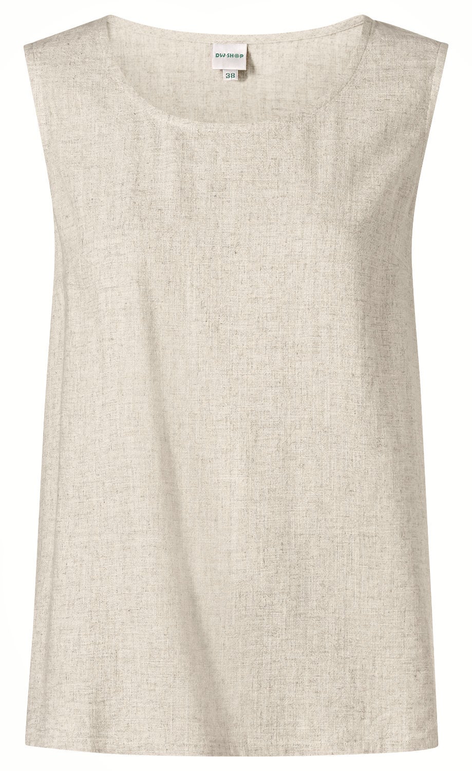 Beiges ärmelloses Viskose-Mix-Top mit rundem Ausschnitt, leichter Struktur und geradem Schnitt, Größe 38, ohne Muster oder Verzierungen, schlicht und elegant für sommerliche Outfits.
