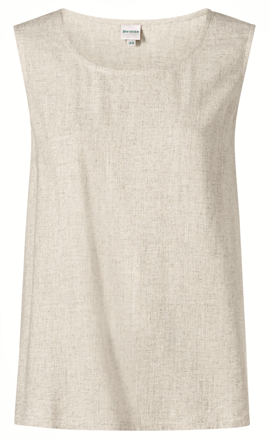 Beiges ärmelloses Viskose-Mix-Top mit rundem Ausschnitt, leichter Struktur und geradem Schnitt, Größe 38, ohne Muster oder Verzierungen, schlicht und elegant für sommerliche Outfits.