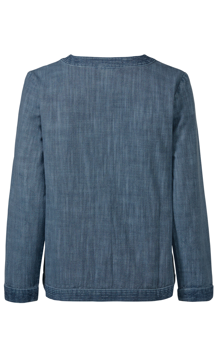 Baumwoll-Jacke, Rückansicht, langärmlig, marineblau mit feiner Textur, schlichter Rundhalsausschnitt, gerader Saum, schmaler Besatz an Kragen, Ärmeln und Saum, leichte Passform