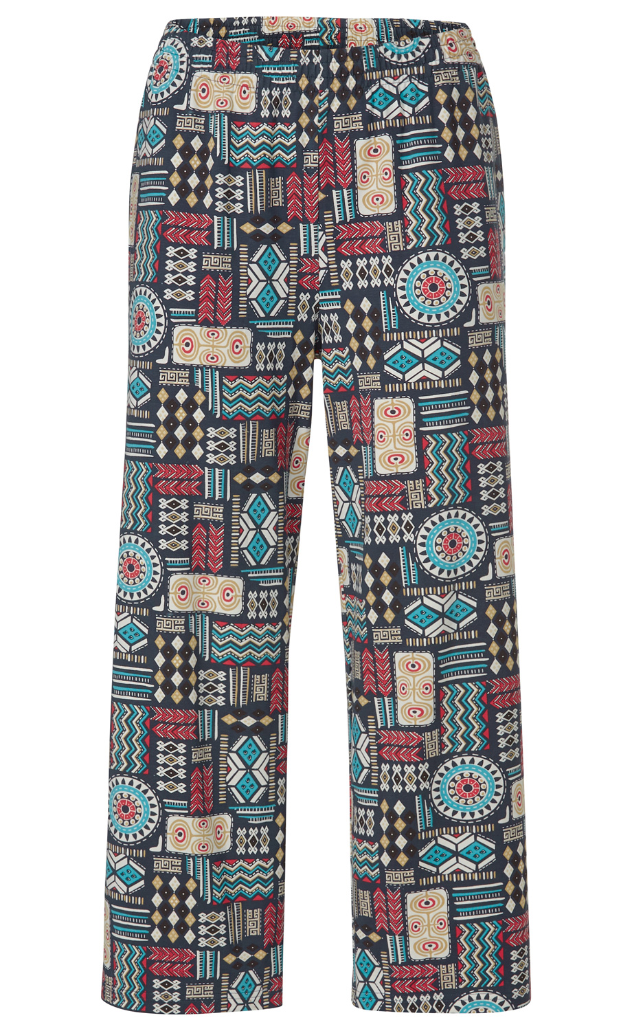 Baumwoll-Hose mit weitem Bein, elastischem Bund und buntem Ethno-Muster in Rot, Türkis, Beige und Schwarz