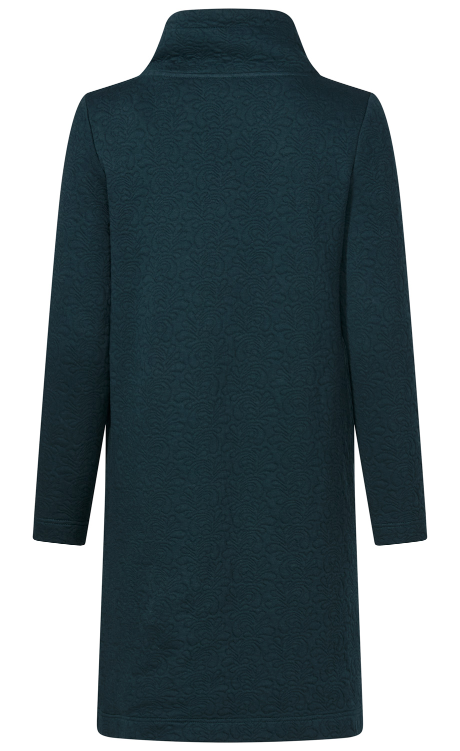 Dunkelblauer Mantel mit Stehkragen, langer Arm, strukturiertes florales Jacquard-Muster, gerade geschnitten, Rückansicht auf weißem Hintergrund