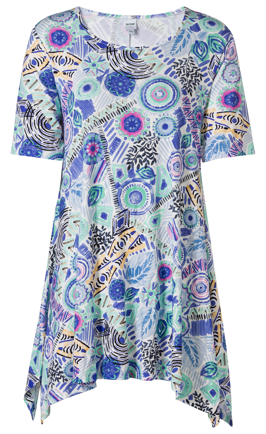 Buntes Viskose-Mix-Shirt mit kurzem Ärmel, Rundhalsausschnitt, asymmetrischem Schnitt, abstraktem Muster in Blau-, Grün- und Lilatönen mit floralen und geometrischen Motiven.