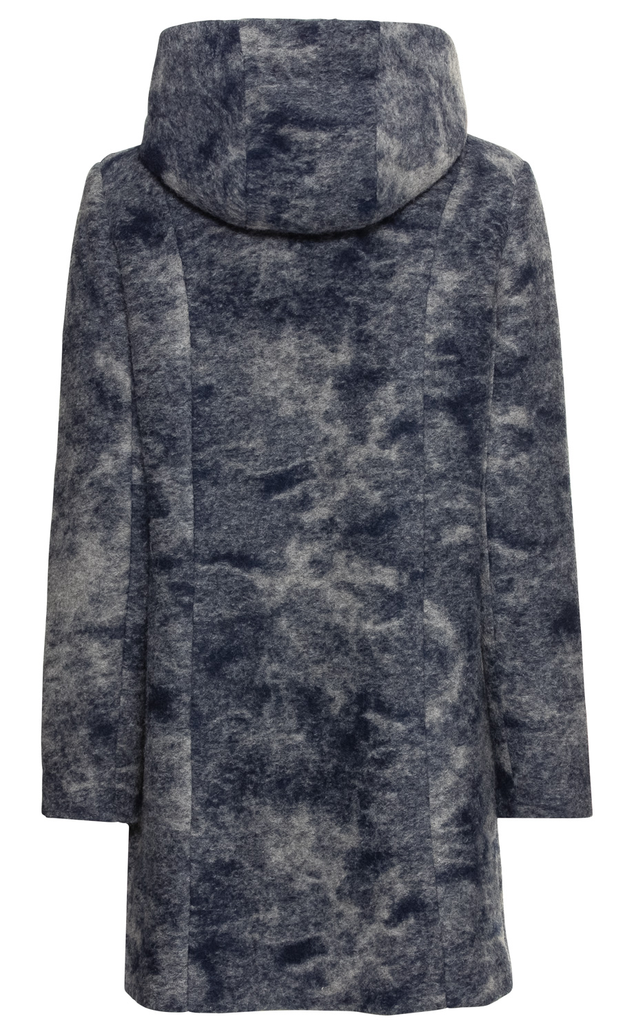 Rückansicht einer Wollmix-Jacke mit Kapuze, meliert in verschiedenen Grautönen, lange Ärmel, gerade geschnitten, weich strukturierter Stoff, mittellang