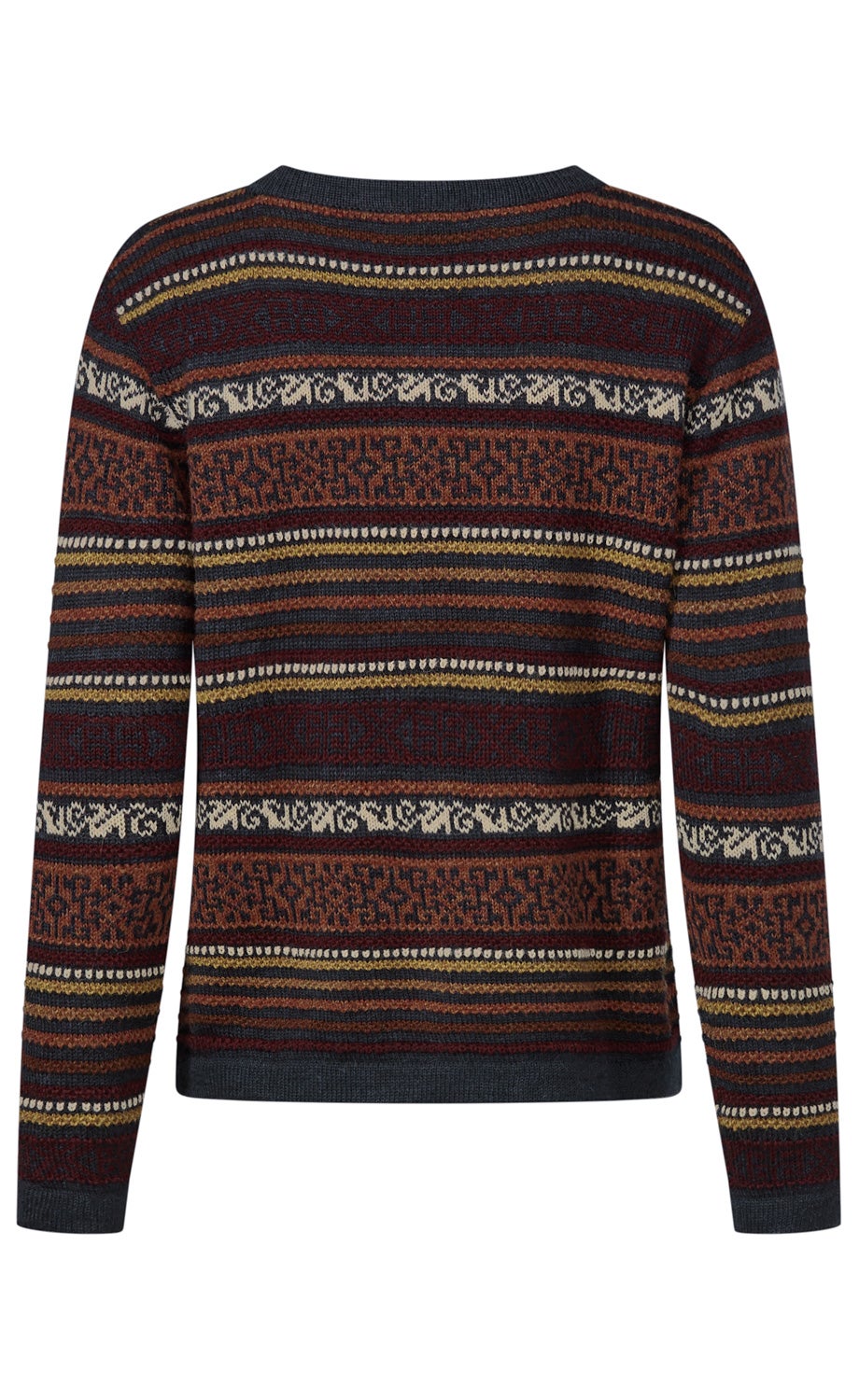 Pullover mit langem Arm, Rundhalsausschnitt, in dunklen Rottönen, Braun, Gelb, Beige und Dunkelblau, mit horizontalen, gemusterten Streifen und abstrakten Ornamenten, Rückansicht.