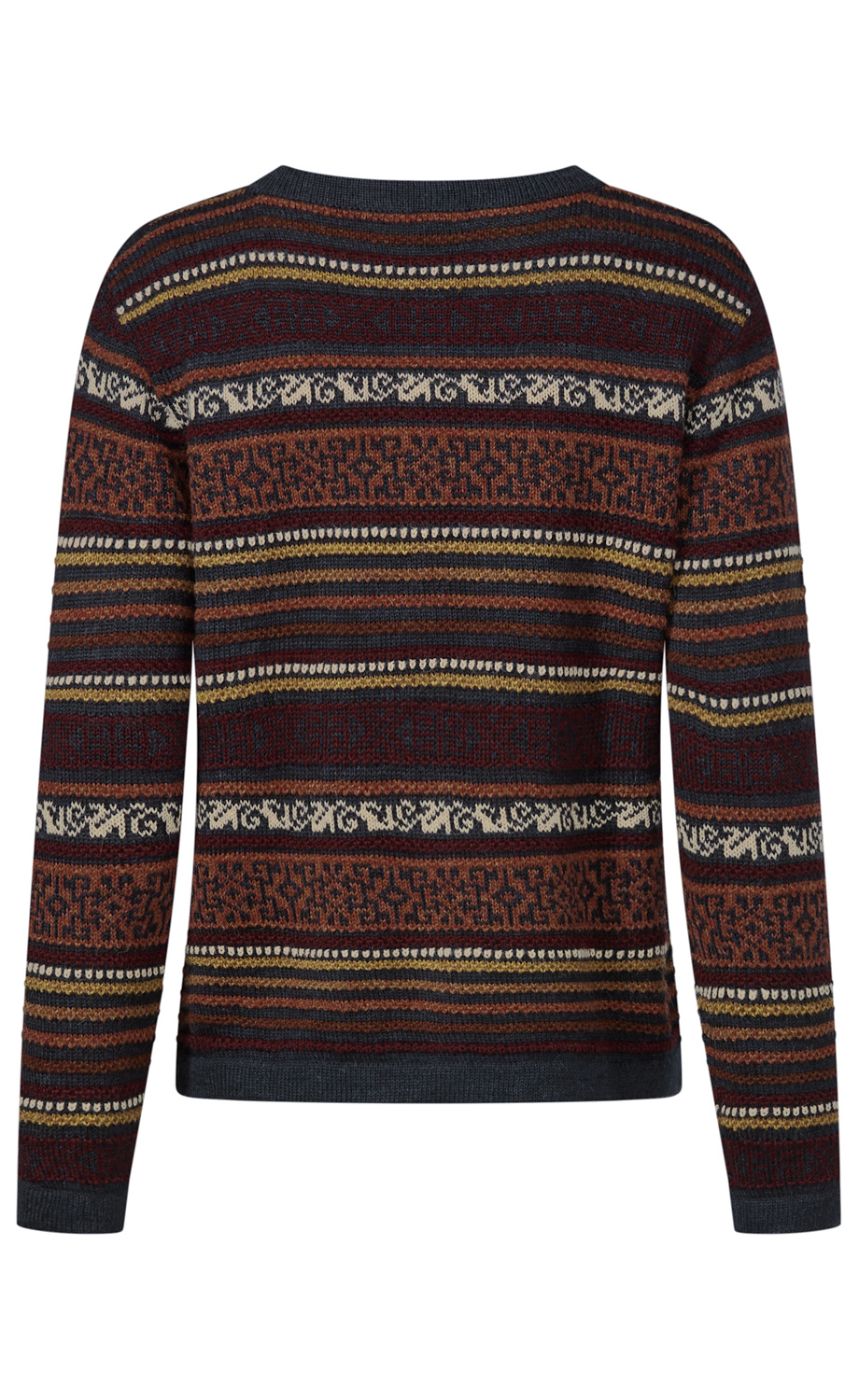 Pullover mit langem Arm, Rundhalsausschnitt, in dunklen Rottönen, Braun, Gelb, Beige und Dunkelblau, mit horizontalen, gemusterten Streifen und abstrakten Ornamenten, Rückansicht.