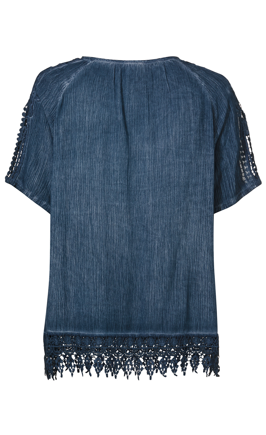 Dunkelblaue Viskose-Bluse mit kurzen Ärmeln, feiner Struktur, Spitzenbesatz am Saum und Ärmeln, Rundhalsausschnitt, lockerer Schnitt, Rückansicht