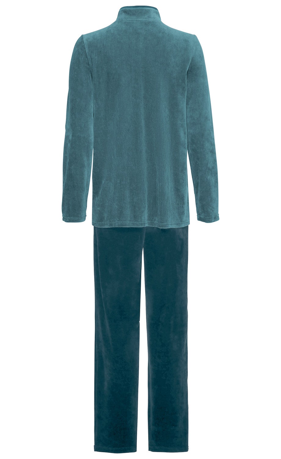 Baumwoll-Hausanzug in Blau, aus weichem, samtigem Material, bestehend aus langärmeligem Oberteil mit Stehkragen und geraden Hosen, Rückansicht auf weißem Hintergrund.