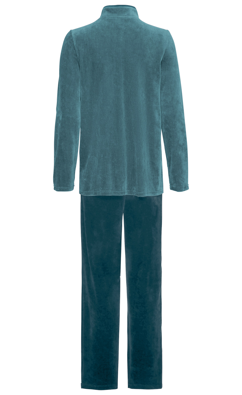 Baumwoll-Hausanzug in Blau, aus weichem, samtigem Material, bestehend aus langärmeligem Oberteil mit Stehkragen und geraden Hosen, Rückansicht auf weißem Hintergrund.