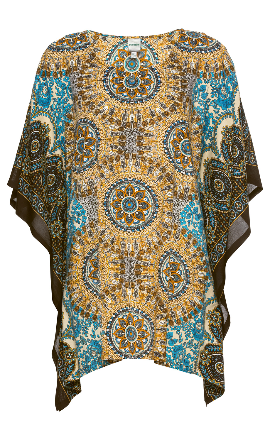Modal-Bluse aus leichtem Modalstoff mit weitem Schnitt, verziert mit buntem Mandala- und Blumenmuster in Türkis, Senfgelb, Braun und Weiß, mit Rundhalsausschnitt und überlappenden Seiten.