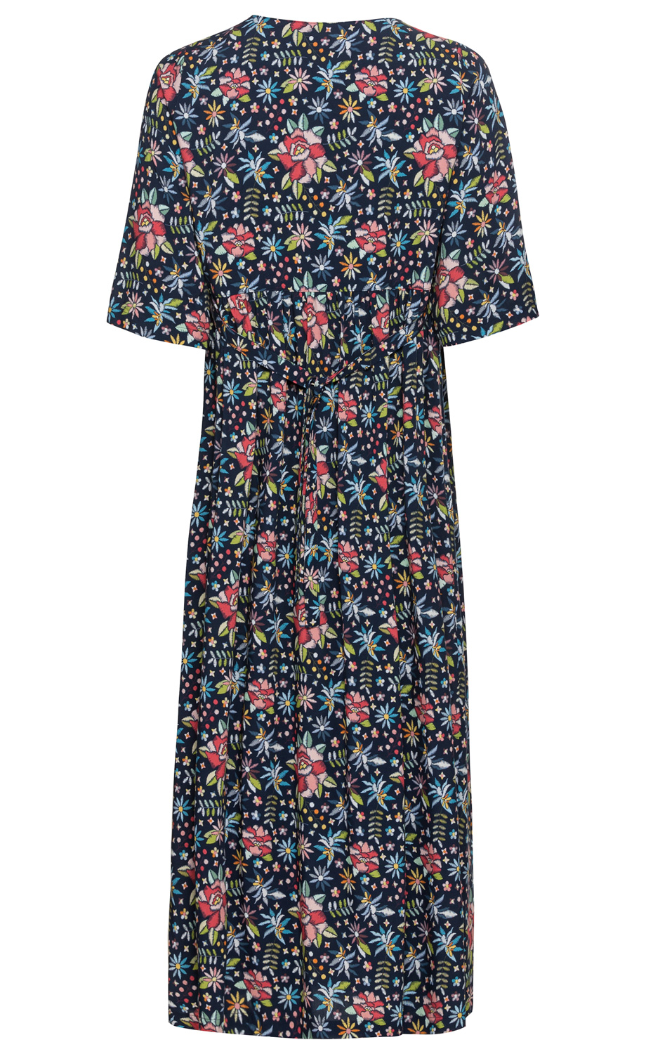 Viskose-Kleid, navyblau mit kurzem Arm, knielang, tailliert durch Bindegürtel, Allover Blumendruck in Rot, Blau, Gelb und Grün, Rückansicht