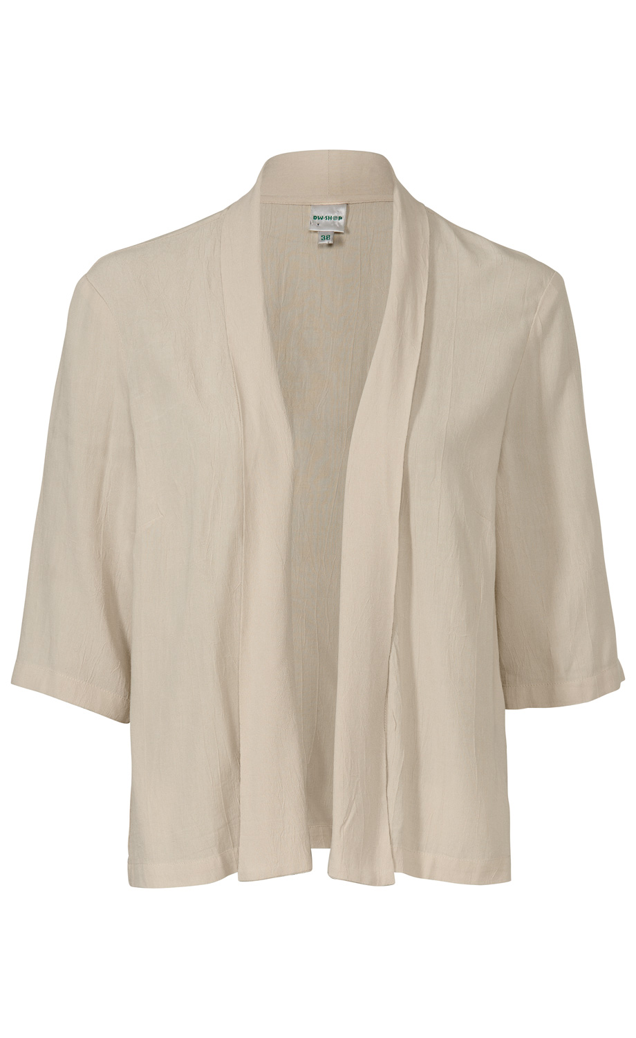 Beige, kurzärmelige Viskose-Jacke mit offenem Schnitt und leicht fallendem Kragen, feine Struktur im Stoff, Größe 38, schlicht und elegant ohne Verschluss.