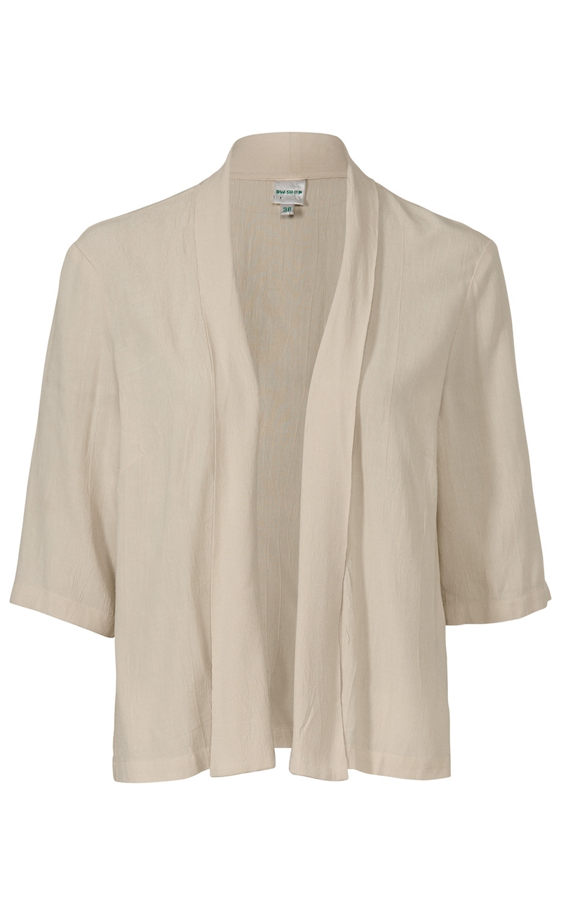 Beige, kurzärmelige Viskose-Jacke mit offenem Schnitt und leicht fallendem Kragen, feine Struktur im Stoff, Größe 38, schlicht und elegant ohne Verschluss.