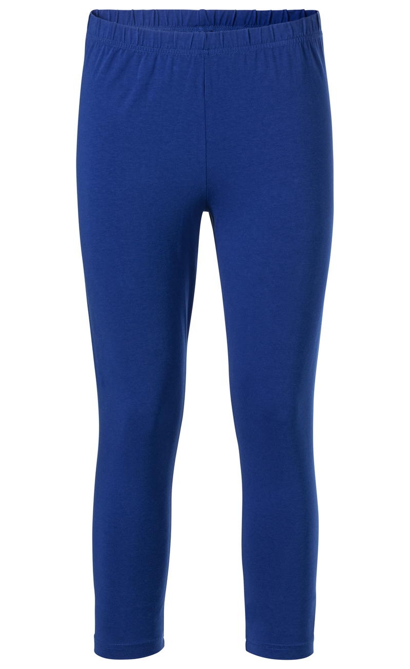 Dunkelblaue Baumwoll-Mix-Leggings mit elastischem Bund, schmaler Schnitt, knöchellang, ohne Muster oder Verzierungen, glatte Oberfläche, frontale Ansicht auf weißem Hintergrund.