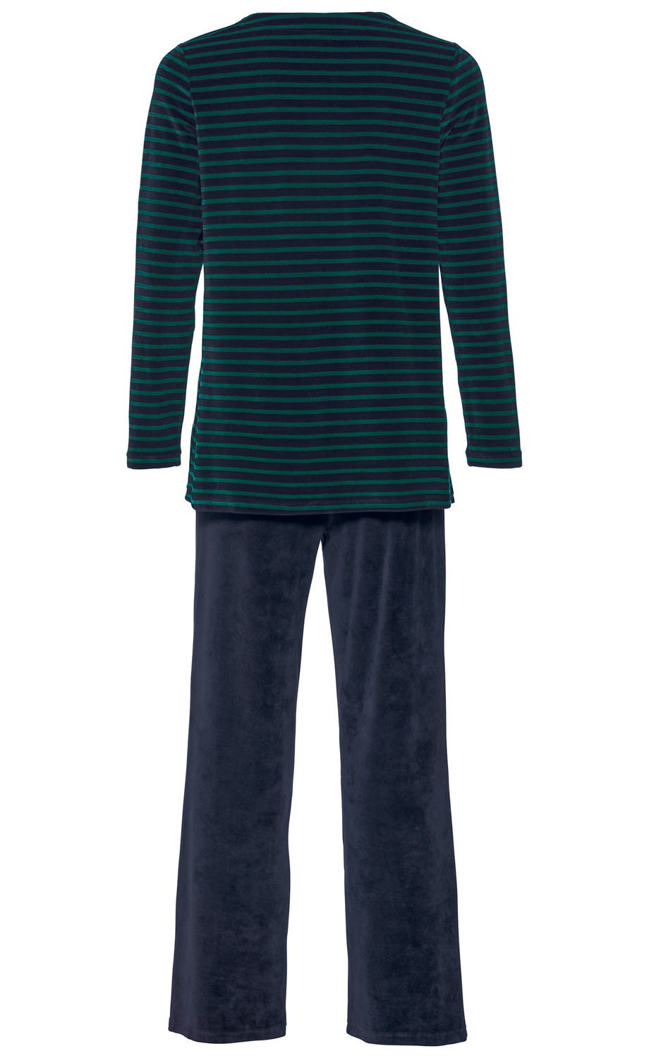 Dunkelblauer Pyjama mit langen Ärmeln, Oberteil mit grünen horizontalen Streifen, Hose einfarbig dunkelblau, aus weichem Stoff, Rückansicht