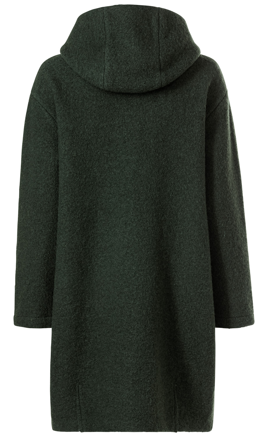 Dunkelgrüne Woll-Jacke mit Kapuze, langärmlig, locker geschnitten, Rückansicht, mit weichem, leicht strukturiertem Material, knielang, schlichtes Design ohne sichtbare Verschlüsse oder Taschen