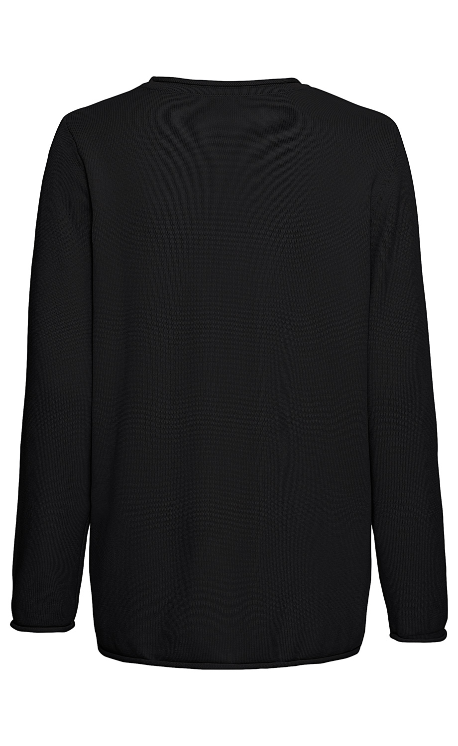 Schwarzer Baumwoll-Pullover mit langem Arm, Rundhalsausschnitt, glatter Oberfläche, Rückansicht, schlichte und zeitlose Optik, mittlere Länge, enganliegende Bündchen am Ärmelabschluss