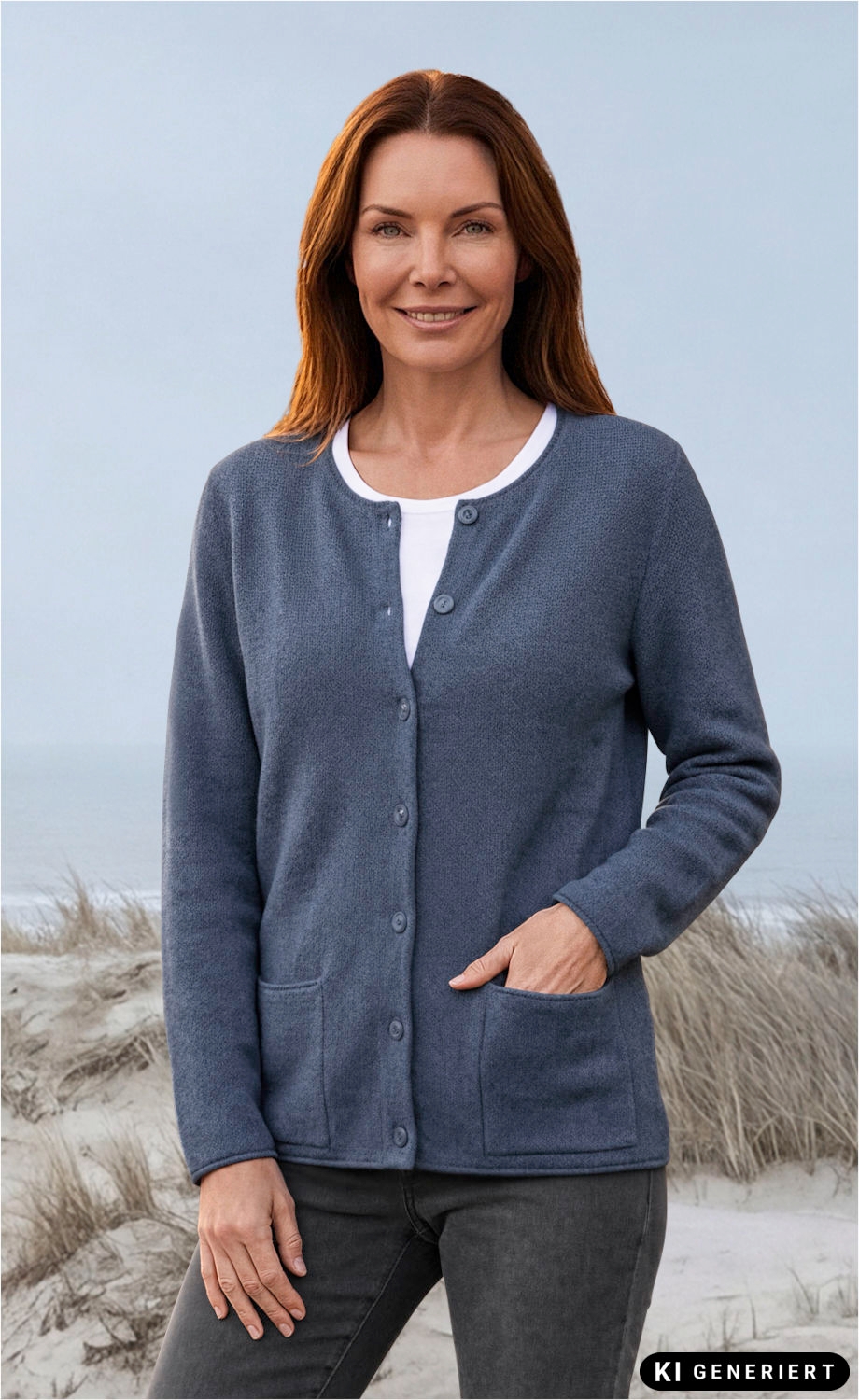 Frau steht am Strand, trägt blaue Merino-Mix-Strickjacke mit Knöpfen und zwei Taschen, darunter weißes Shirt, dunkle Hose, rotes Haar offen, neutraler Gesichtsausdruck, natürliche Umgebung mit Dünen und Meer im Hintergrund