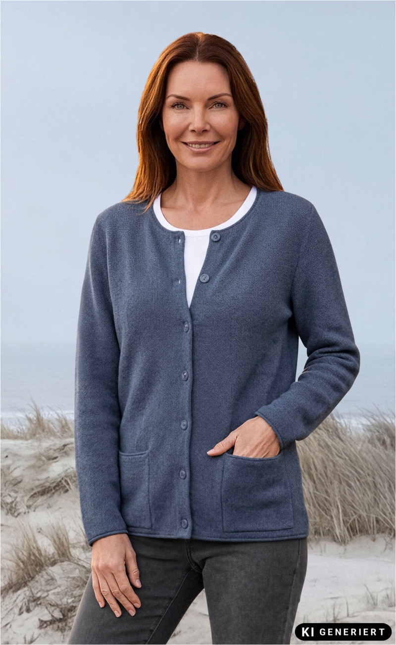Frau steht am Strand, trägt blaue Merino-Mix-Strickjacke mit Knöpfen und zwei Taschen, darunter weißes Shirt, dunkle Hose, rotes Haar offen, neutraler Gesichtsausdruck, natürliche Umgebung mit Dünen und Meer im Hintergrund