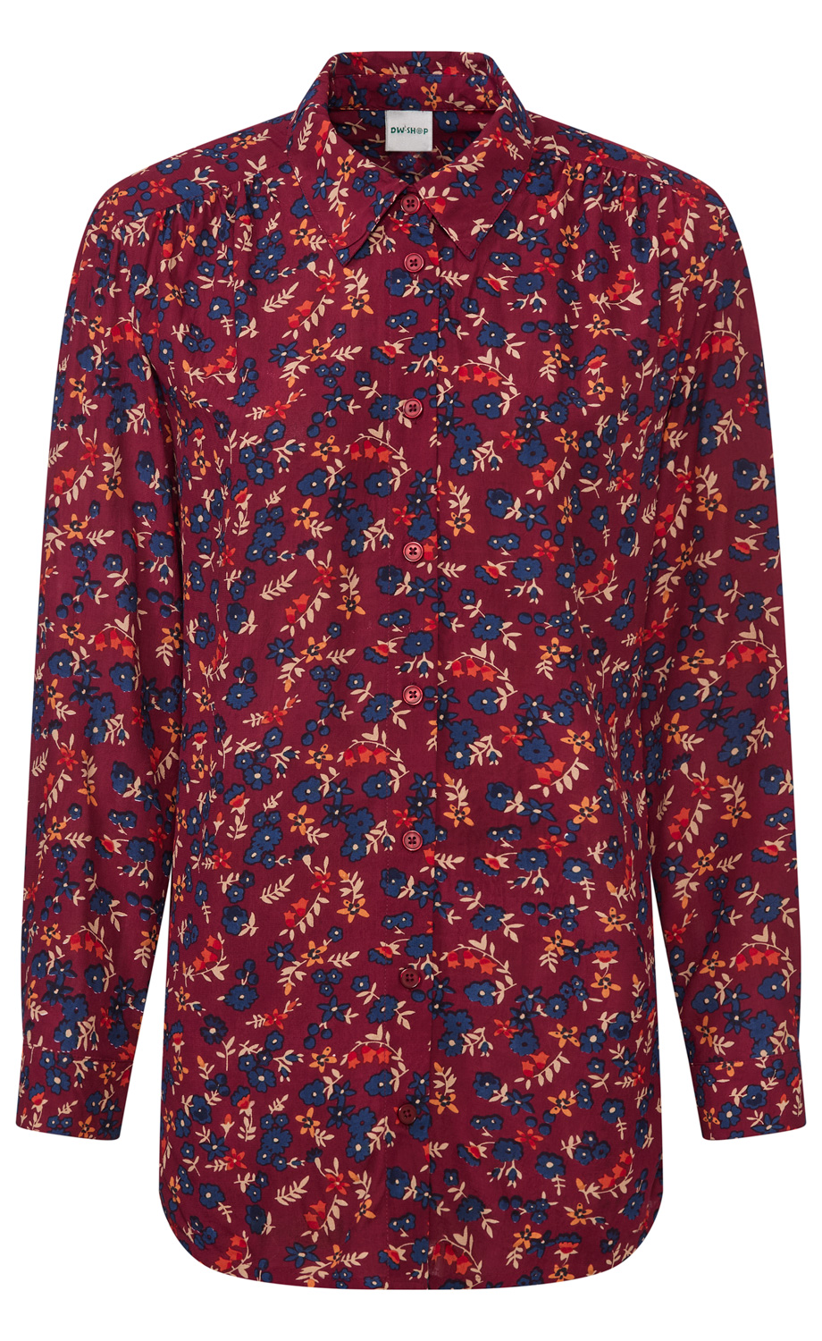 Langärmliges Hemd mit Knopfleiste, bordeauxrot mit kleinem floralem Muster in Blau, Rot und Creme, Hemdkragen, leicht geraffte Schultern, gerade Passform.