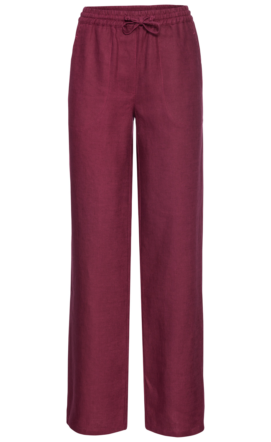 Damen Leinen-Hose in Bordeauxrot, locker geschnitten mit weitem Bein, elastischem Bund und Kordelzug, zwei seitlichen Eingrifftaschen, glatter Stoff, casual und bequem.