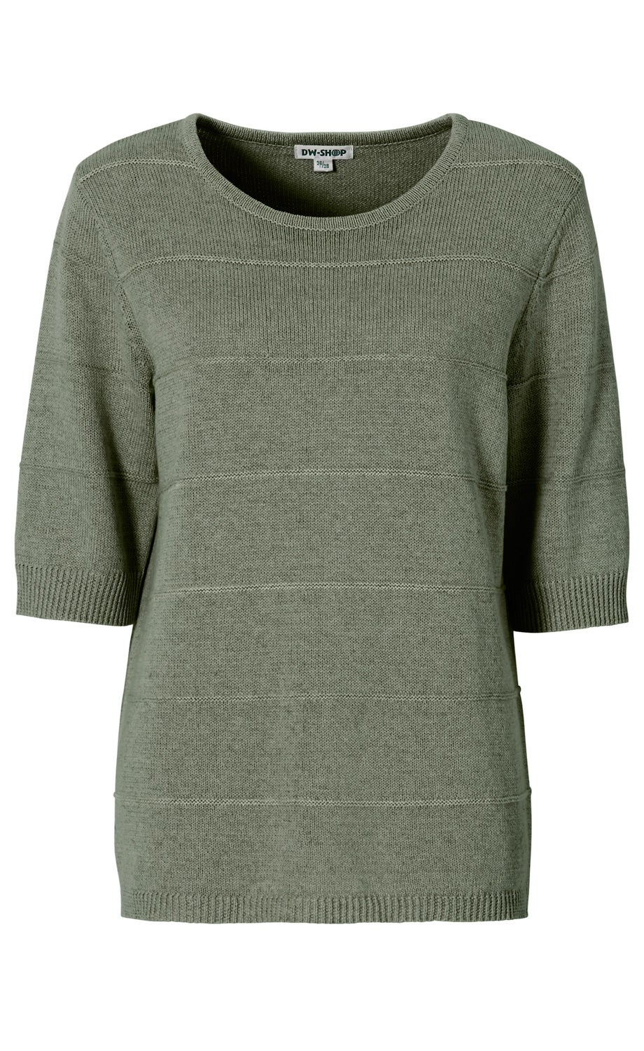grüner Leinen-Mix-Pullover mit kurzem Arm und Rundhalsausschnitt, feine Strickstruktur mit horizontalen Streifen, gerippte Bündchen an Ärmeln und Saum, schlichtes Design