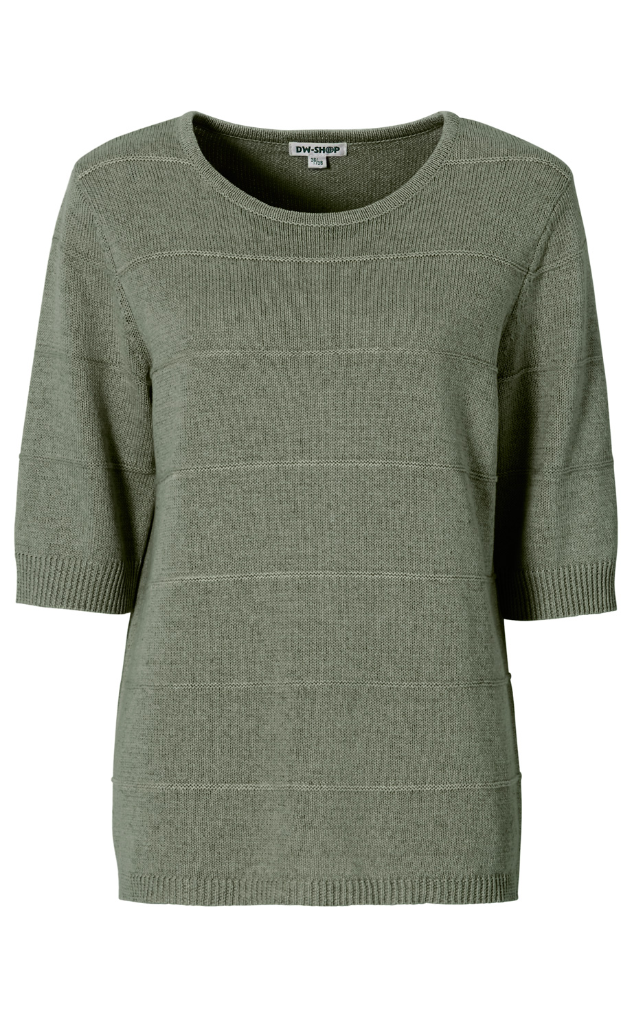 grüner Leinen-Mix-Pullover mit kurzem Arm und Rundhalsausschnitt, feine Strickstruktur mit horizontalen Streifen, gerippte Bündchen an Ärmeln und Saum, schlichtes Design