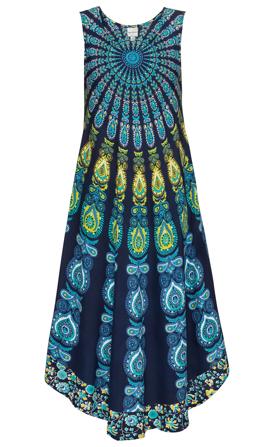 Ärmelloses Viskose-Kleid in navyblau mit buntem Paisley-Muster in türkis, grün, gelb und weiß, ausgestelltem Schnitt und abgerundetem Saum, Größe 38, etikettiert mit DW-Shop.