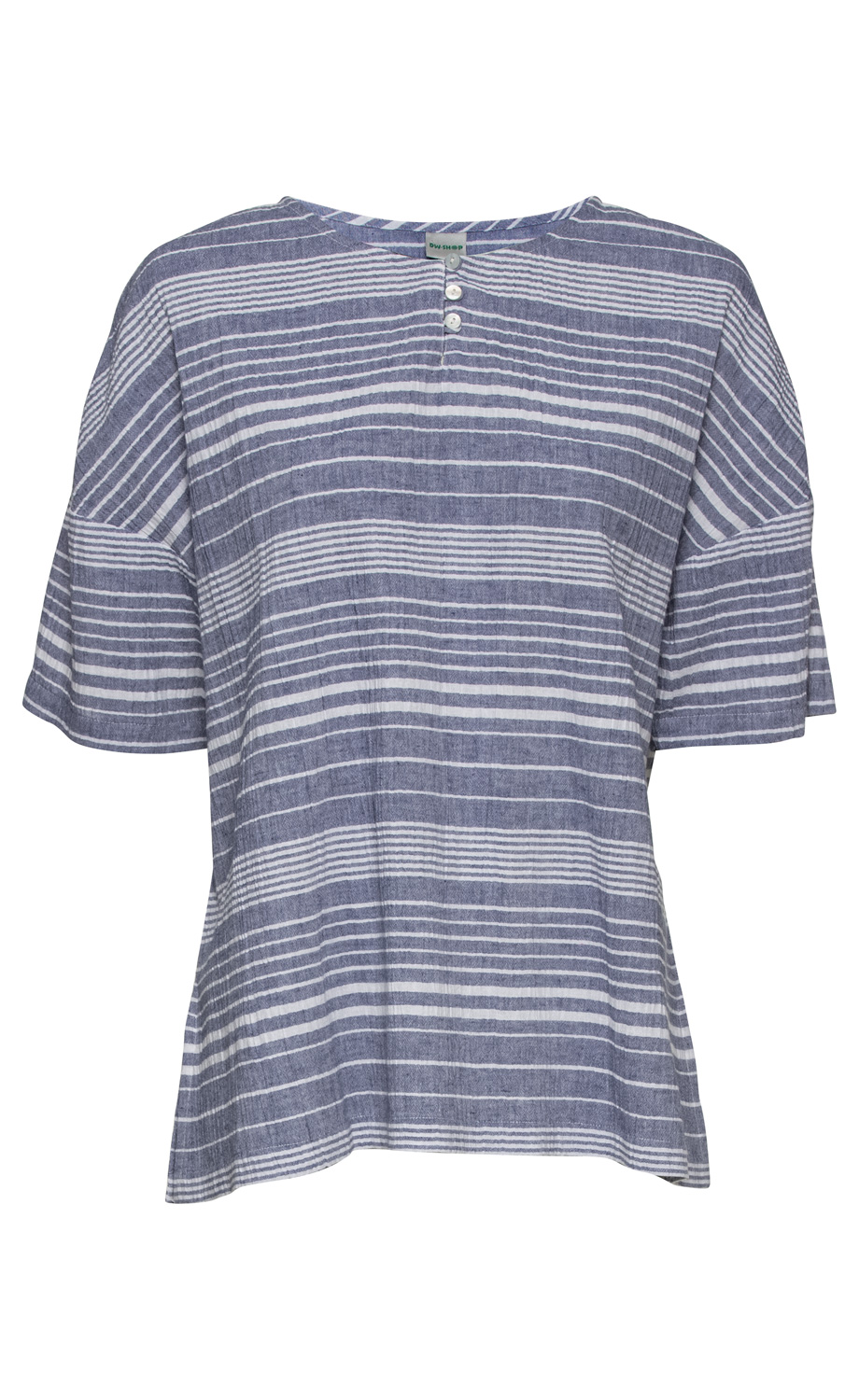 Blau-weiß gestreifte Baumwoll-Bluse mit kurzen Ärmeln, Rundhalsausschnitt mit Knopfleiste vorne, lockere Passform, leichte Struktur, casual Design