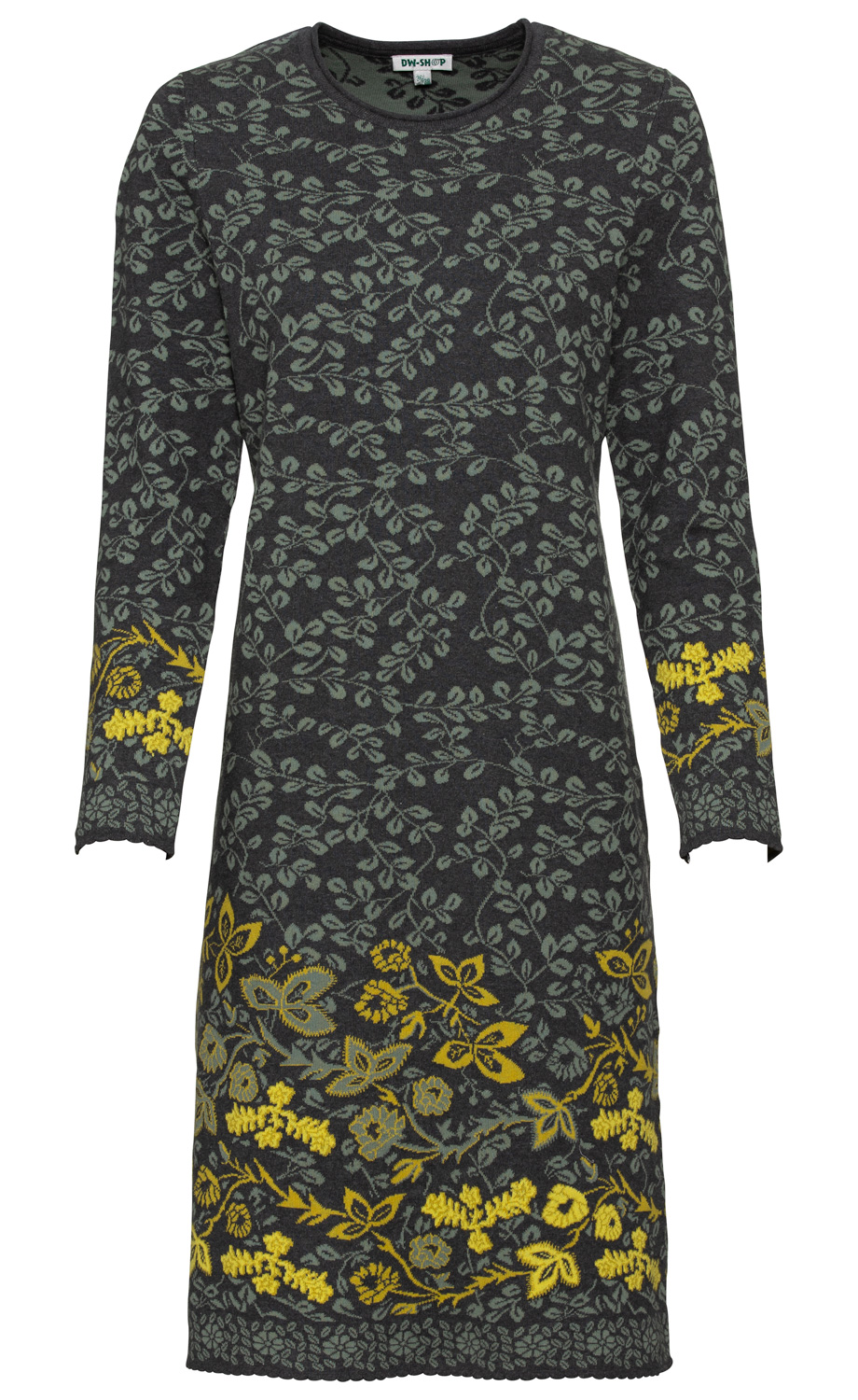 dunkelgraues Baumwoll-Kleid mit langem Arm, Rundhalsausschnitt, allover floralem Muster in Hellgrün, breiter Blumenbordüre in Gelb und Grün am Saum und Ärmeln, figurbetonte, knielange Passform