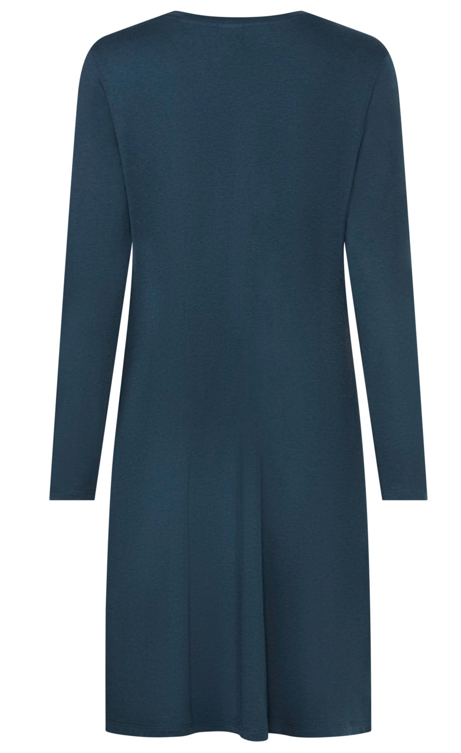 dunkelblaues, langärmeliges, knielanges Kleid aus weich fließendem Stoff, gerade geschnitten, simpler Rundhalsausschnitt, Rückansicht ohne Muster oder Verzierungen