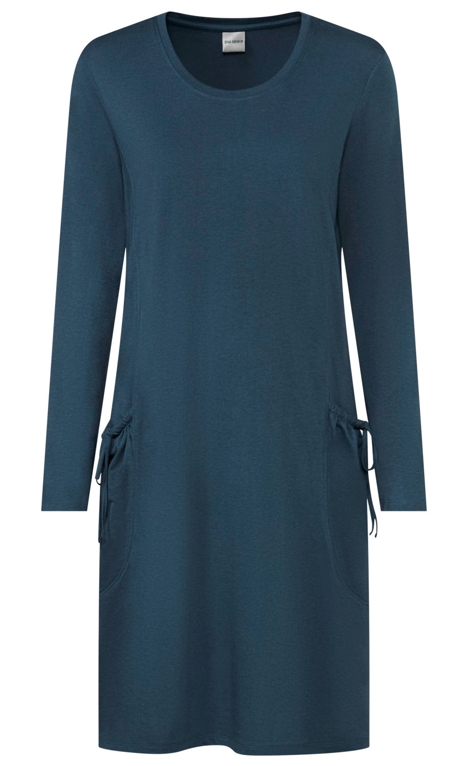 Dunkelblaues, langärmeliges Damenkleid mit rundem Halsausschnitt, zwei seitliche Taschen mit Kordelzug, knielang, gerade geschnitten, aus weichem Stoff