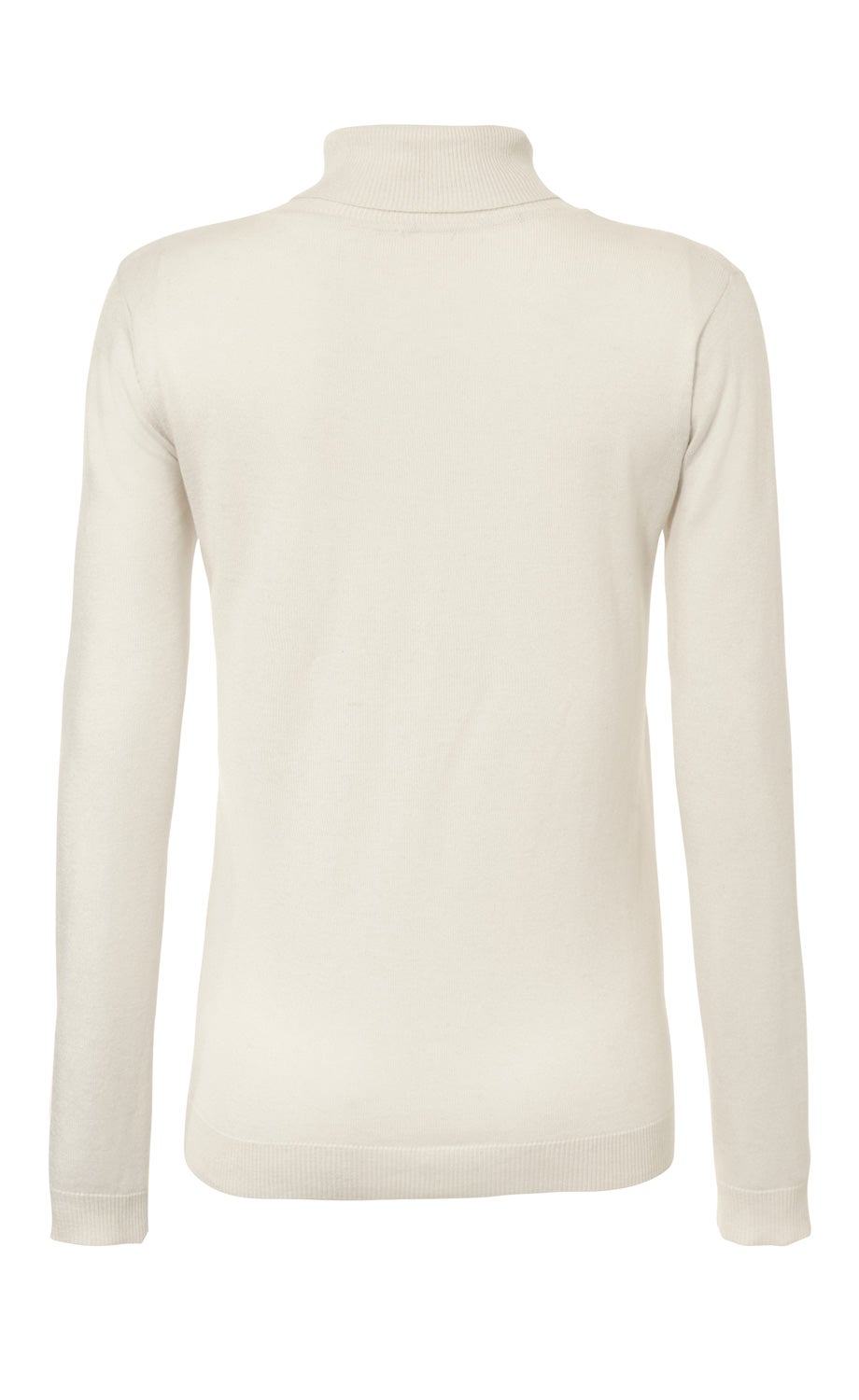 Baumwoll-Pullover in Cremeweiß, langärmlig, mit hohem Stehkragen, schmal geschnitten, Rückansicht, fein gestrickt, Bündchen an Ärmeln und Saum, schlicht und elegant