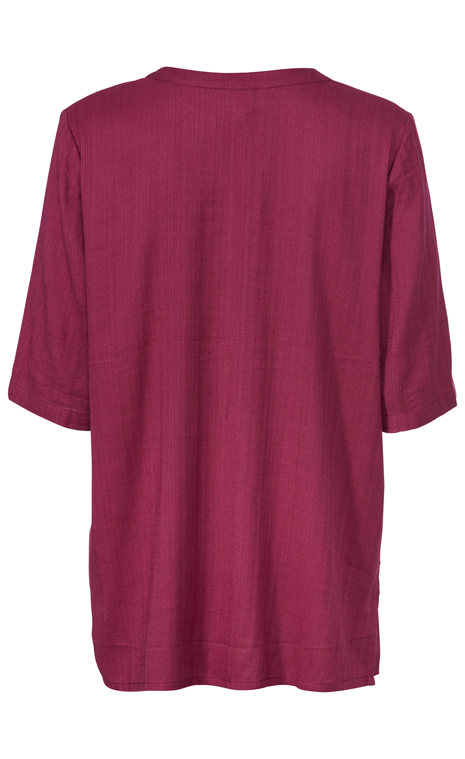 Rückansicht einer kurzärmeligen Baumwoll-Mix-Bluse in dunklem Rot mit schlichtem Design und leicht strukturierter Oberfläche
