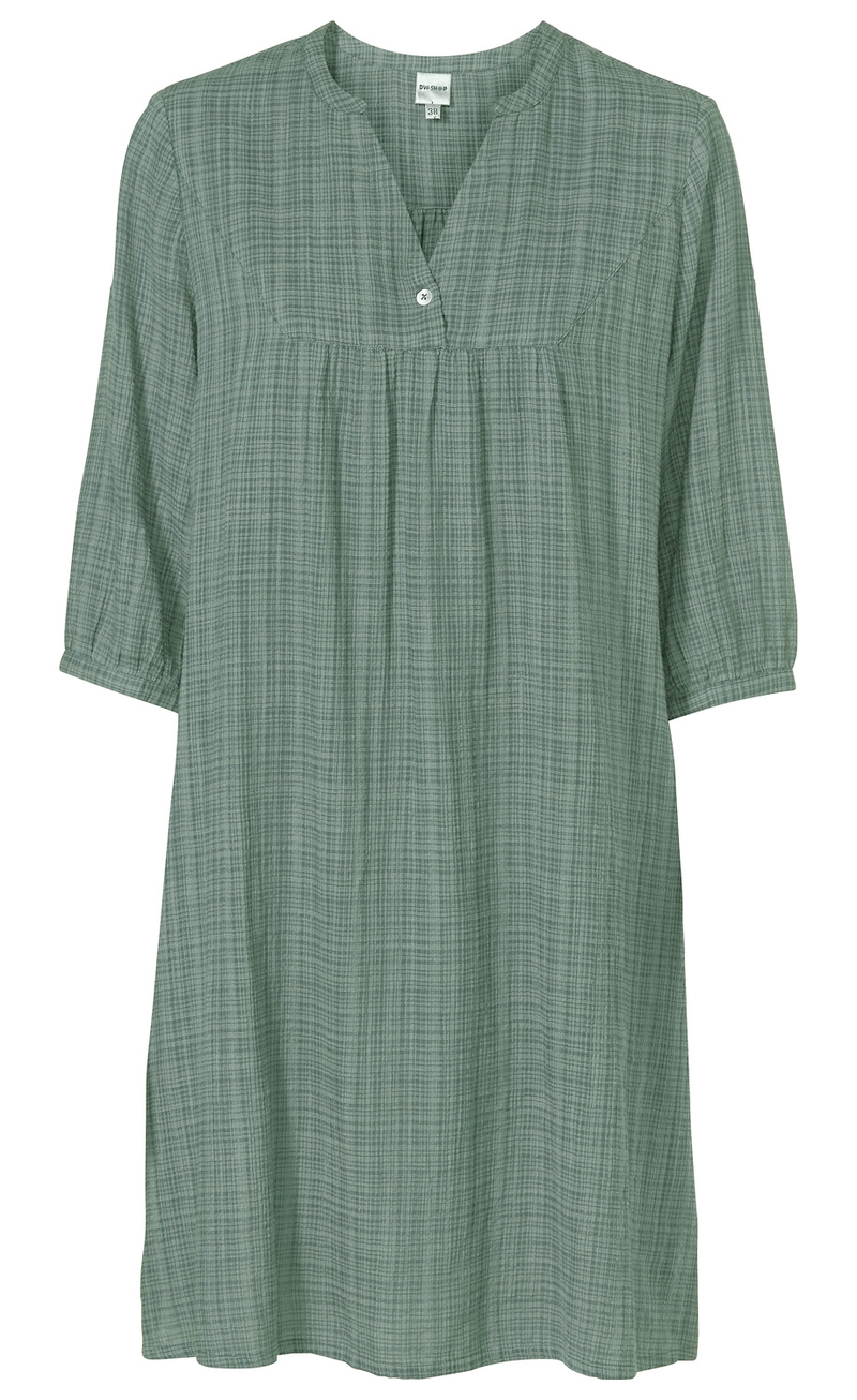 grünes Viskose-Mix Kleid mit halblangen Ärmeln, rundem Ausschnitt, V-Notch und Knopf, lockere Passform, feines Karo-Muster, Größe 38