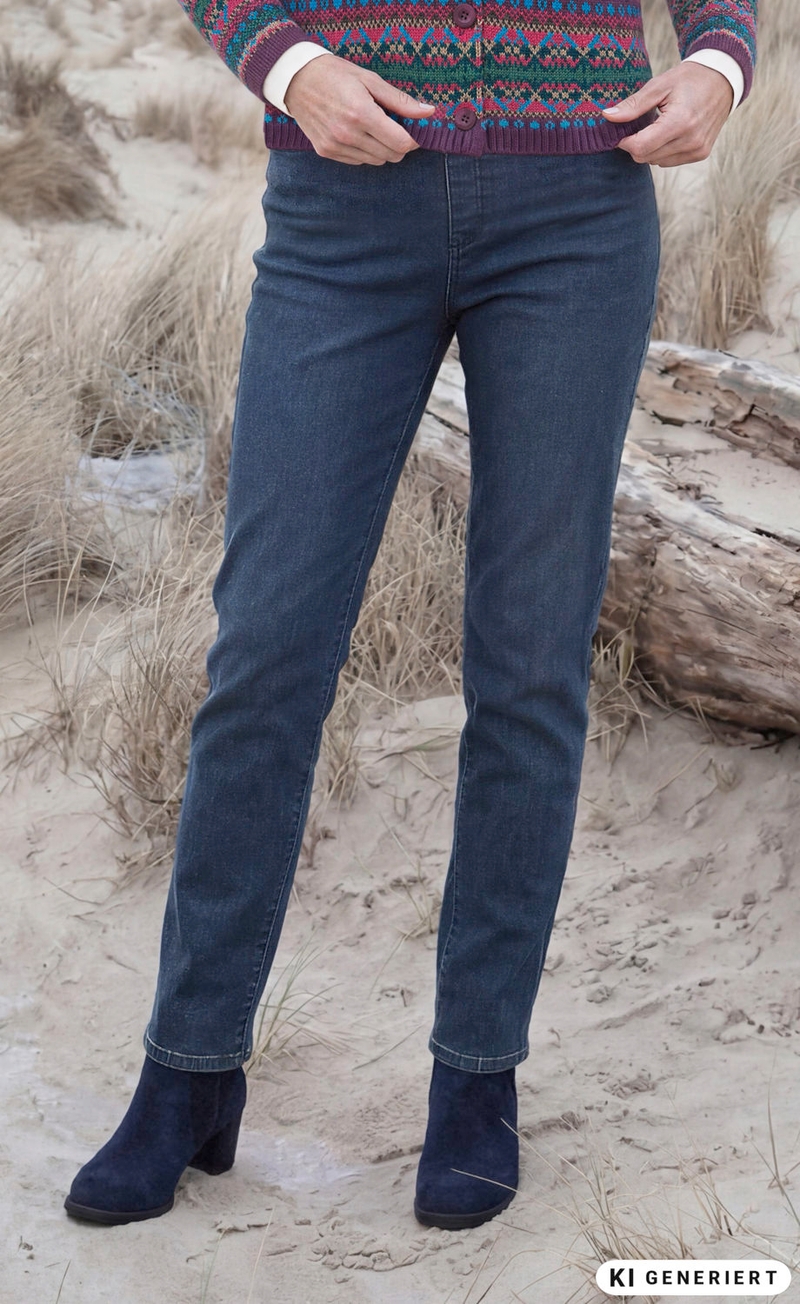 Dunkelblaue Baumwoll-Mix-Hose in schlanker Passform, kombiniert mit dunkelblauen Stiefeletten, getragen von Person mit buntem, gemustertem Strickjacke, stehend auf sandigem Boden mit trockenem Gras und Baumstamm im Hintergrund.
