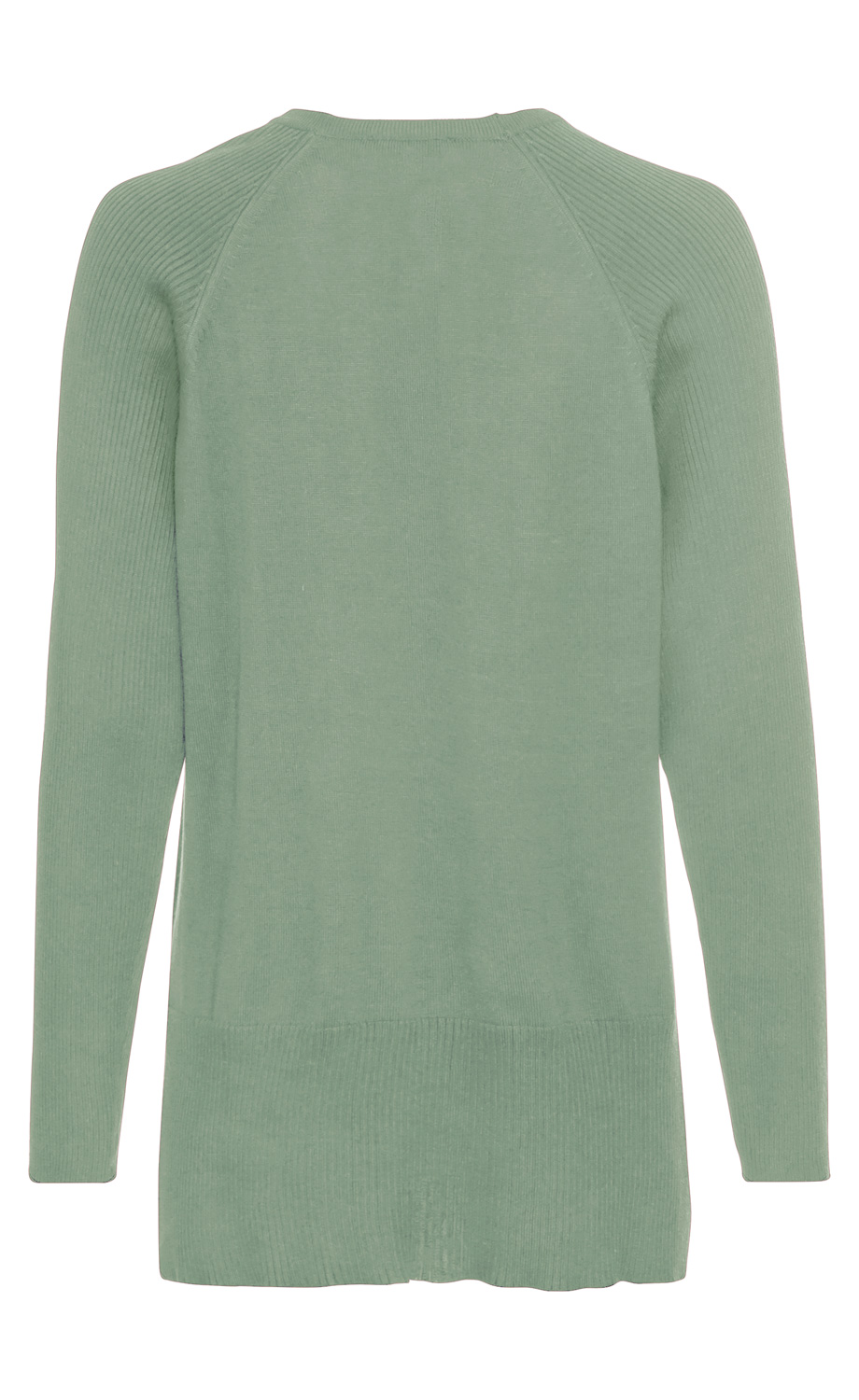 Baumwoll-Mix-Pullover in hellem Mintgrün, langärmlig, mit gerippten Ärmeln und Saum, Rückansicht, rundhals Ausschnitt, schlichte und leicht verlängerte Passform ohne Muster oder Verzierungen