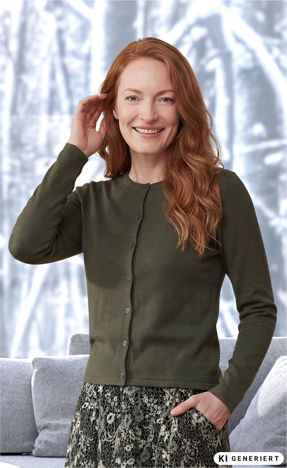 lächelnde Frau mit roten Haaren, grüner Strickjacke und gemustertem Rock, eine Hand an der Seite, in hellem Raum mit grauem Sofa im Hintergrund