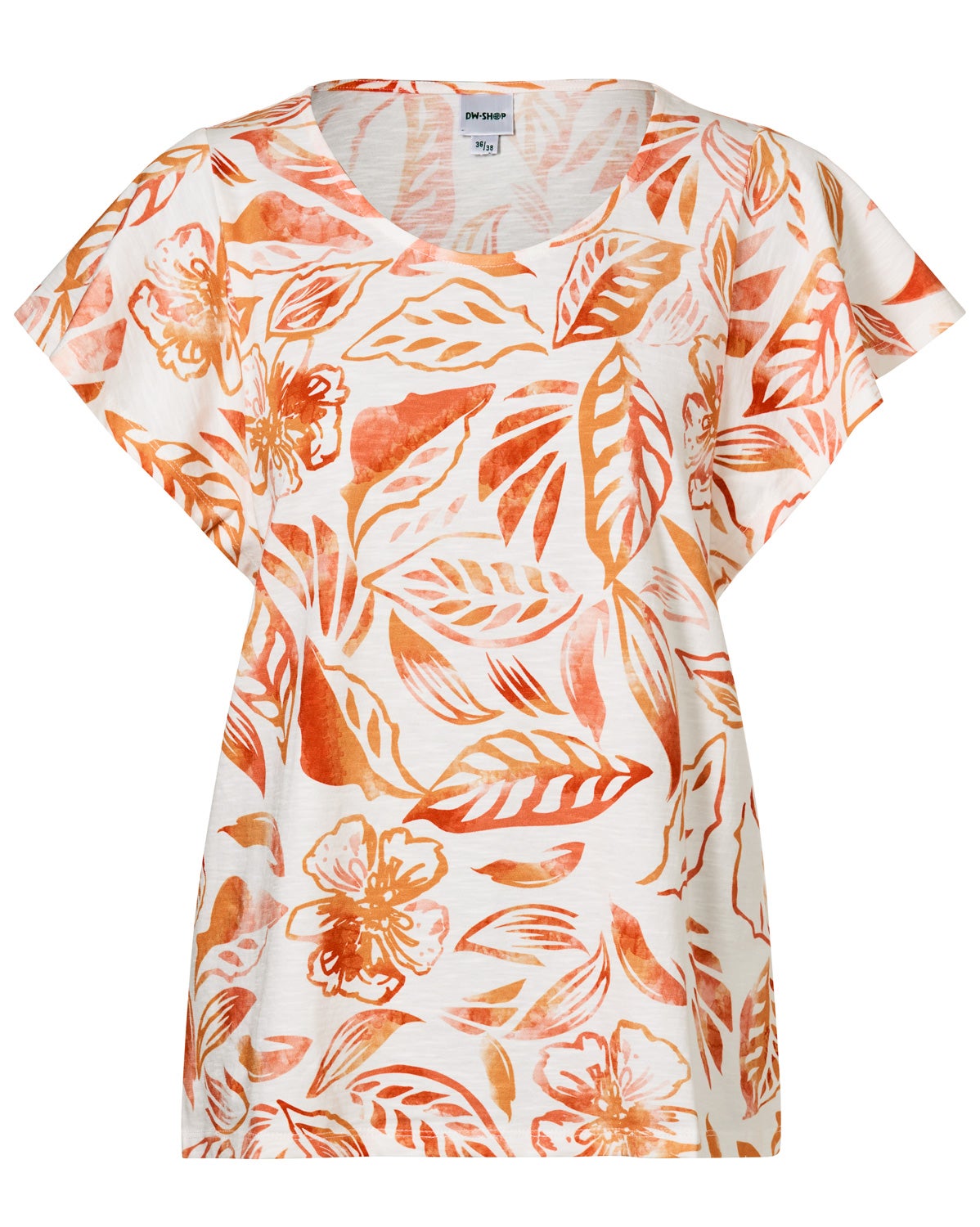 Baumwoll-Shirt mit kurzem Arm, Rundhalsausschnitt, weißer Grundfarbe und orange-rotem floralem Blattmuster, locker geschnitten, leichte Baumwollstruktur sichtbar, Größe 36/38, DW-Shop Etikett am Kragen.