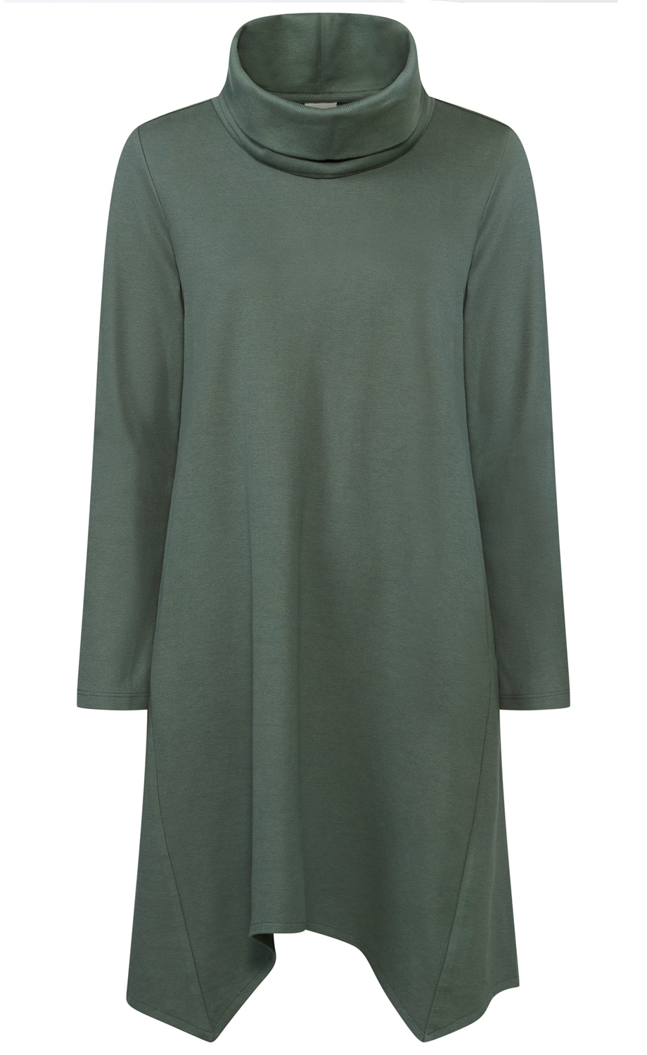 Grünes Damenkleid mit langem Arm, asymmetrischem Saum, weitem Rollkragen aus weichem Stoff, locker fallend, minimalistisches Design, ohne Muster, schlicht und elegant.