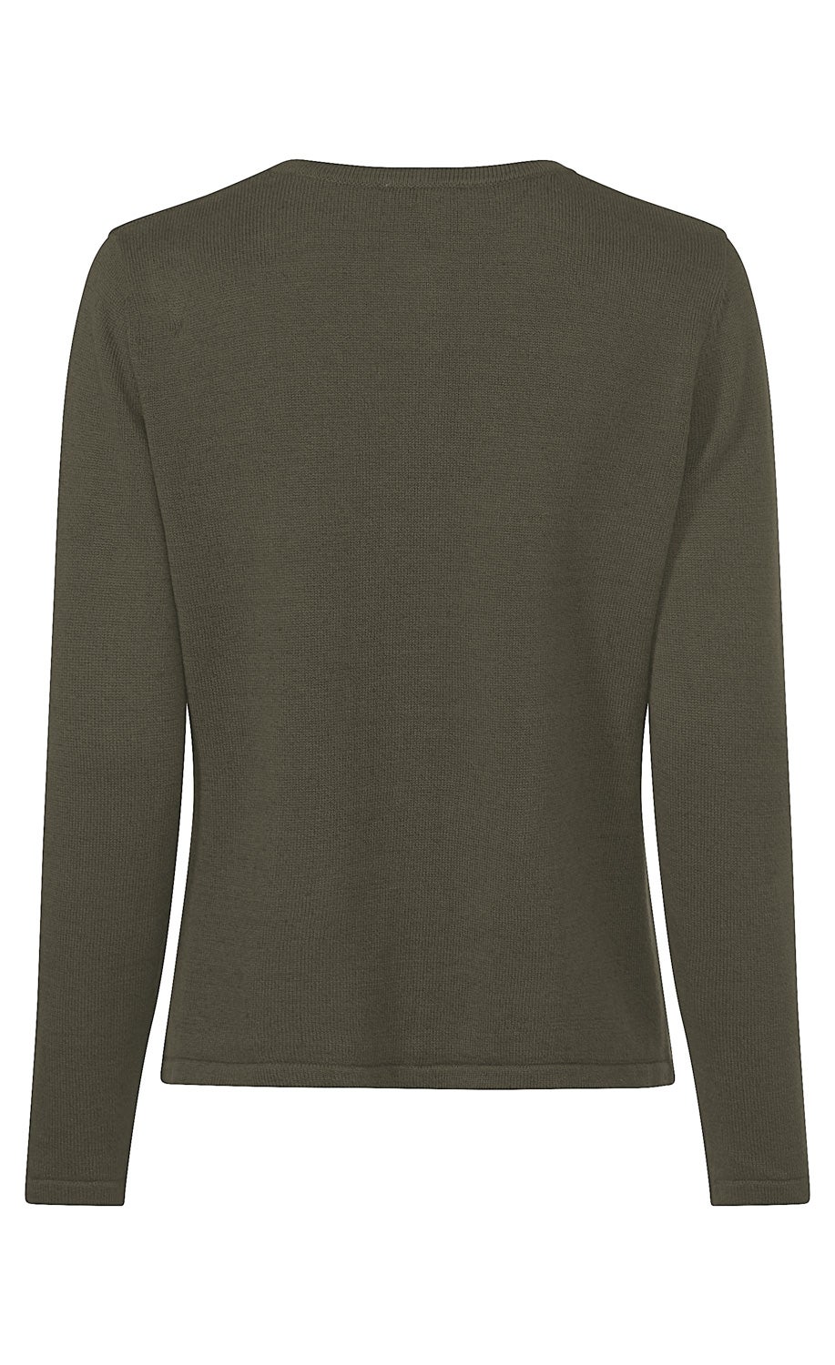 dunkelgrüner, langärmeliger Pullover aus feinem Strickstoff mit rundem Halsausschnitt, Rückansicht, keine Verzierungen oder Muster, gerade geschnitten