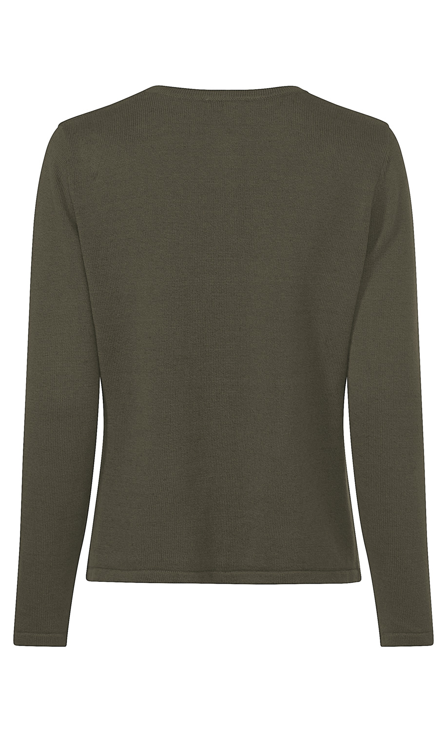dunkelgrüner, langärmeliger Pullover aus feinem Strickstoff mit rundem Halsausschnitt, Rückansicht, keine Verzierungen oder Muster, gerade geschnitten