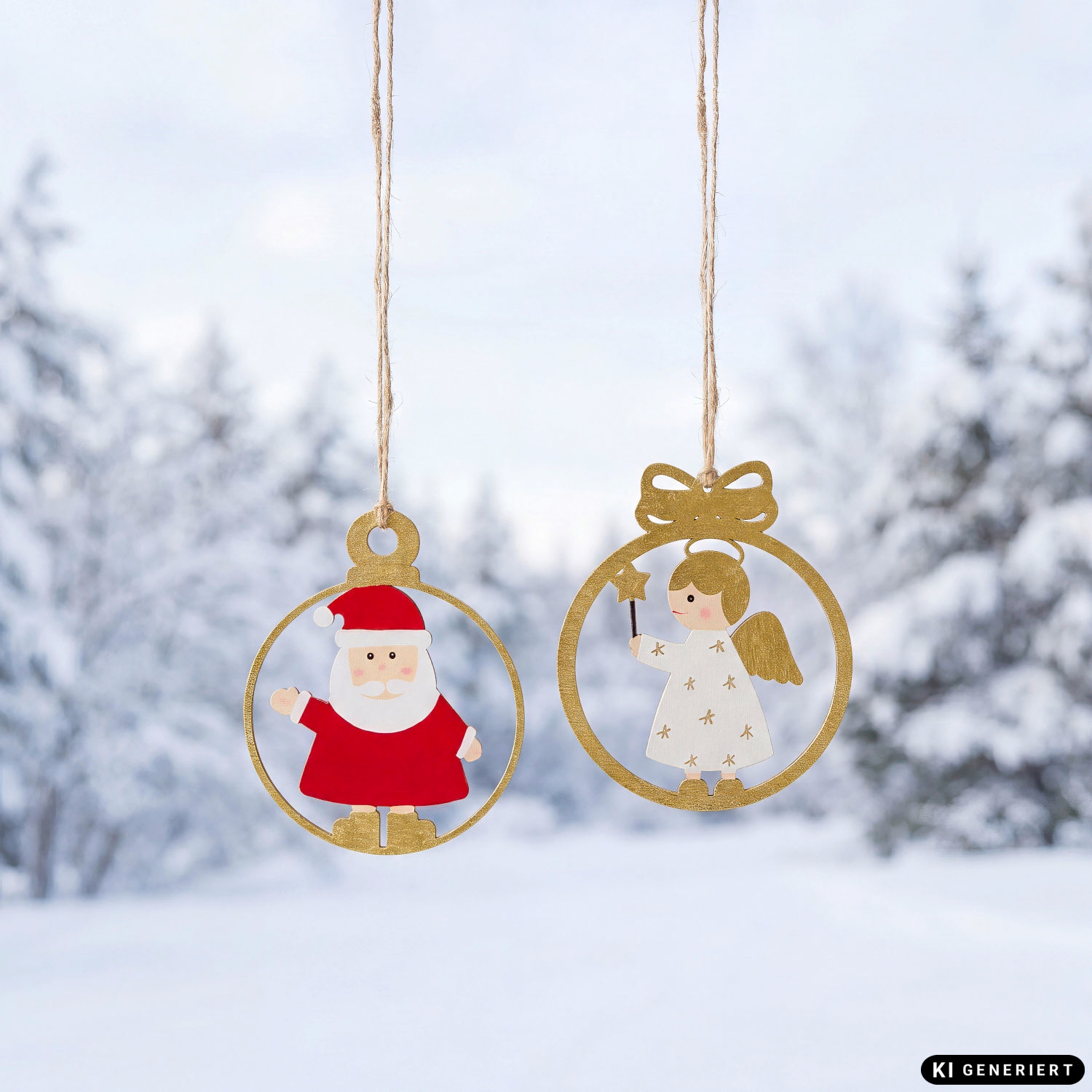 Goldene Weihnachtskugeln mit hängendem, ausgestanztem Weihnachtsmann in rotem Mantel und Engel mit Stern, unscharfer Wald und Schnee im Hintergrund