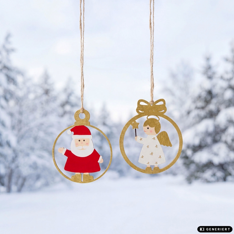 Goldene Weihnachtskugeln mit hängendem, ausgestanztem Weihnachtsmann in rotem Mantel und Engel mit Stern, unscharfer Wald und Schnee im Hintergrund