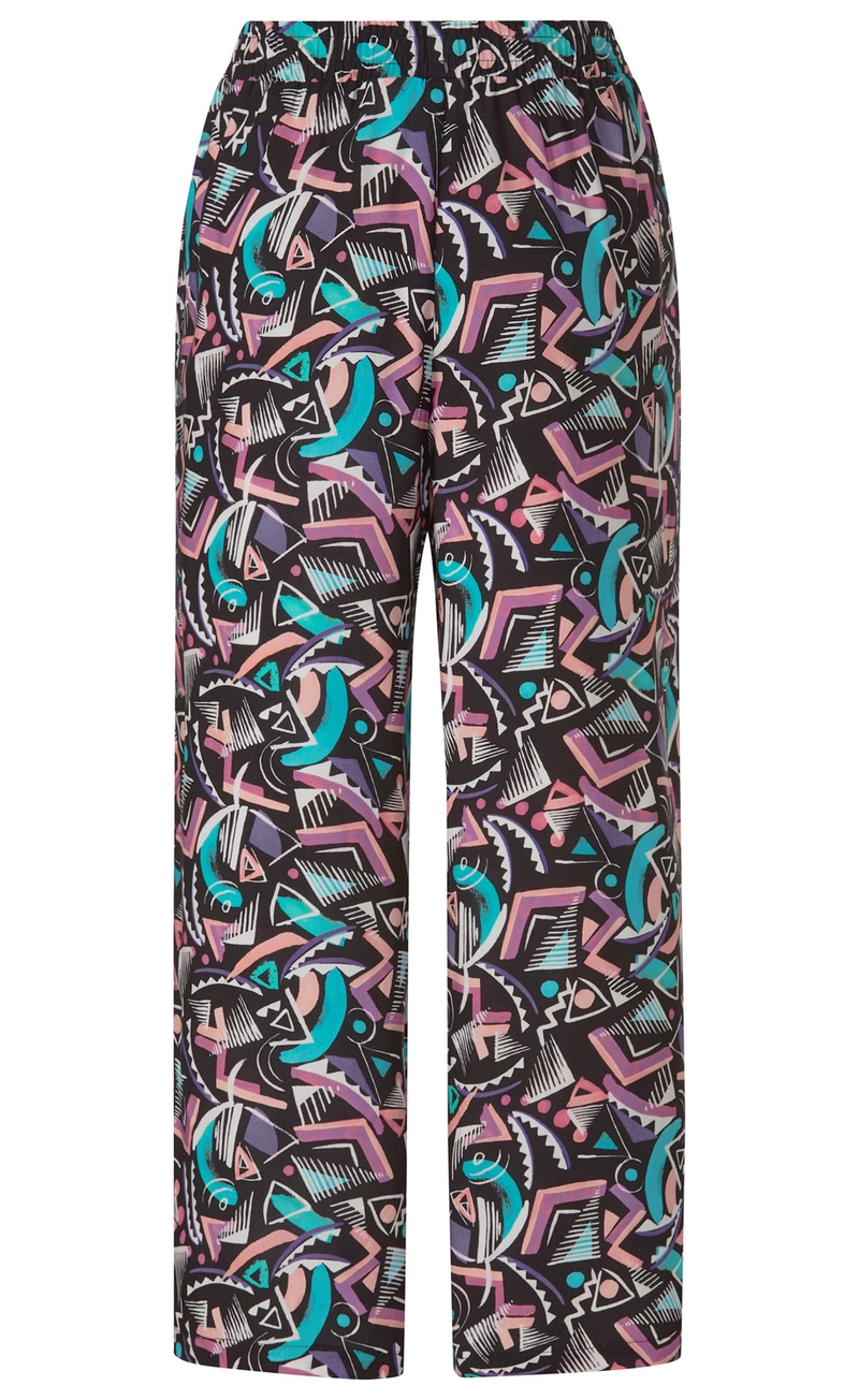 Viskose-Hose mit weitem Schnitt, elastischem Bund, schwarz als Grundfarbe und abstraktem, farbigem Muster in Pastellrosa, Hellblau, Lila und Weiß