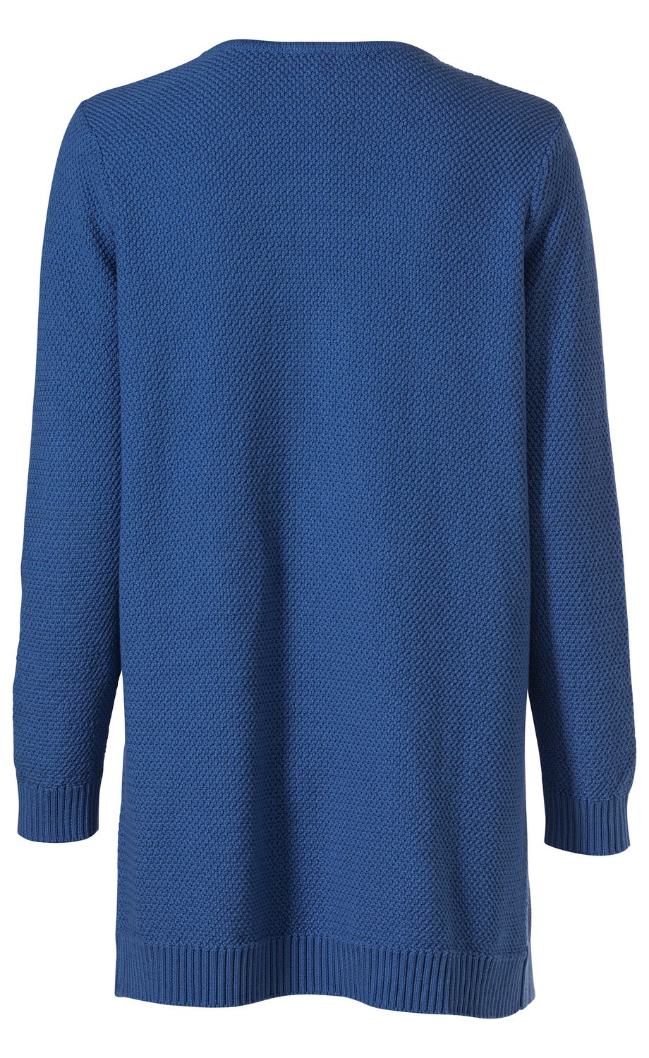 Blaue Baumwoll-Strickjacke mit feiner Struktur, langärmelig, gerippten Bündchen an Ärmeln und Saum, Rückansicht, locker geschnitten