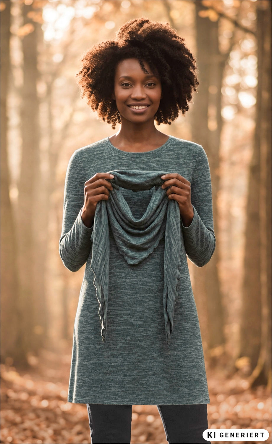 lächelnde frau mit lockigen haaren in grauem kleid, die im herbstwald einen grauen schal hält, unscharfer hintergrund mit sonnenlicht und herbstlaub auf dem boden