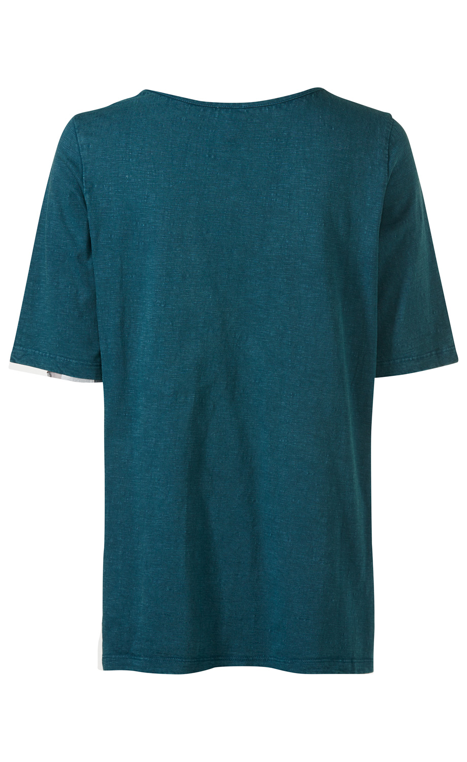 Rückenansicht eines kurzärmligen Baumwoll-Shirts in dunklem Petrolblau, mit rundem Halsausschnitt und einfachem, unifarbenem Design, ohne sichtbare Muster oder Verzierungen