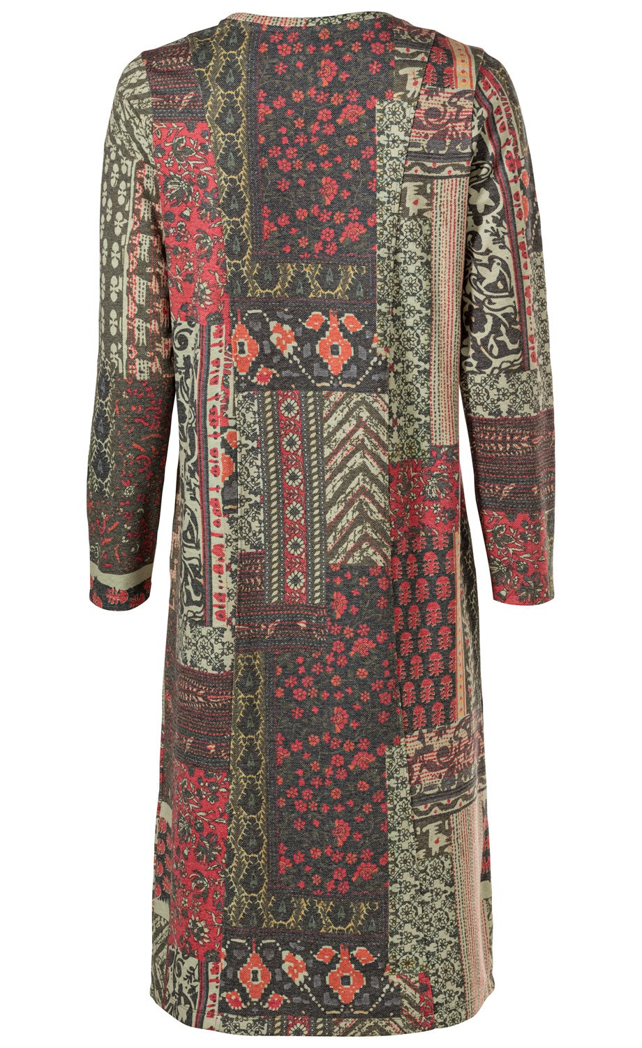Bauwoll-Mix-Kleid mit langem Arm, locker geschnitten, hinten gezeigt, mehrfarbiges Patchwork-Muster mit floralen und geometrischen Motiven in Rot-, Grau-, Beige- und Schwarztönen