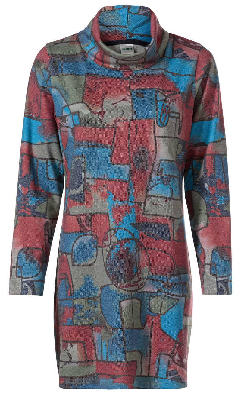 Langärmliges Baumwoll-Mix Shirt mit hohem Kragen, geradem Schnitt, abstraktem Muster in Rot, Blau, Grau und Grün, geometrische Formen, strukturierter Stoff, farblich abwechslungsreich