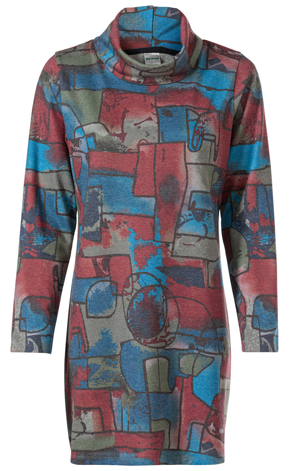 Langärmliges Baumwoll-Mix Shirt mit hohem Kragen, geradem Schnitt, abstraktem Muster in Rot, Blau, Grau und Grün, geometrische Formen, strukturierter Stoff, farblich abwechslungsreich